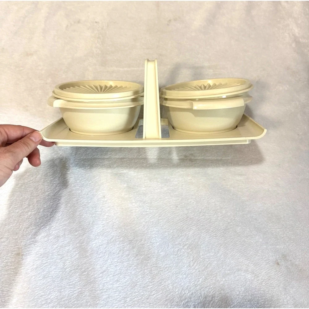 Vintage Tupperware Condiment Server Set Almond 1550-4 Tray 1323-14 Bowls 812-61